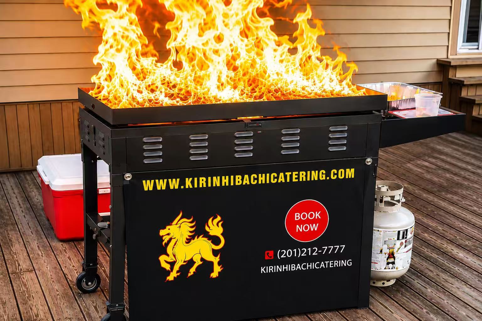 Kirin Hibachi Catering branded grill with fire show flames